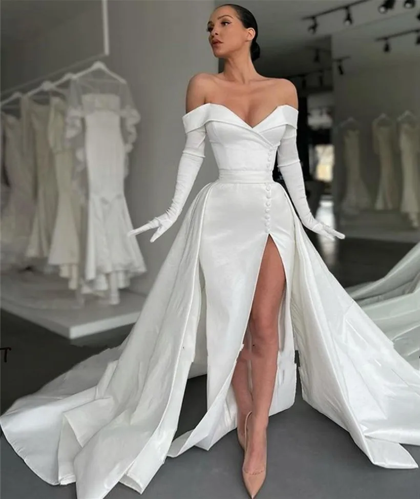 2022 Sweetheart Wedding Dresses Detachable Train Button Side Slit Bridal Gowns Princess Party Wear No Gloves Robe De Mariage