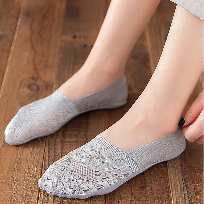 New Arrival Summer Women Silica Gel  Lace Boat Socks Invisible Cotton   Non-slip Antiskid Slippers Anti-Slip Sock 1pair=2pcs