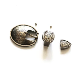 Antique silver belt buckle carved flower women DIY leather craft 3pcs in 1set width 1.5cm