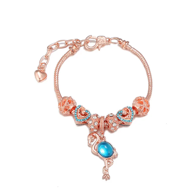 

Heart-shaped Zircon Charm Pendant Bracelet Rose Gold Flamingo Adjustable Length Bracelet Lobster Clasp for Woman Jewelry Gift