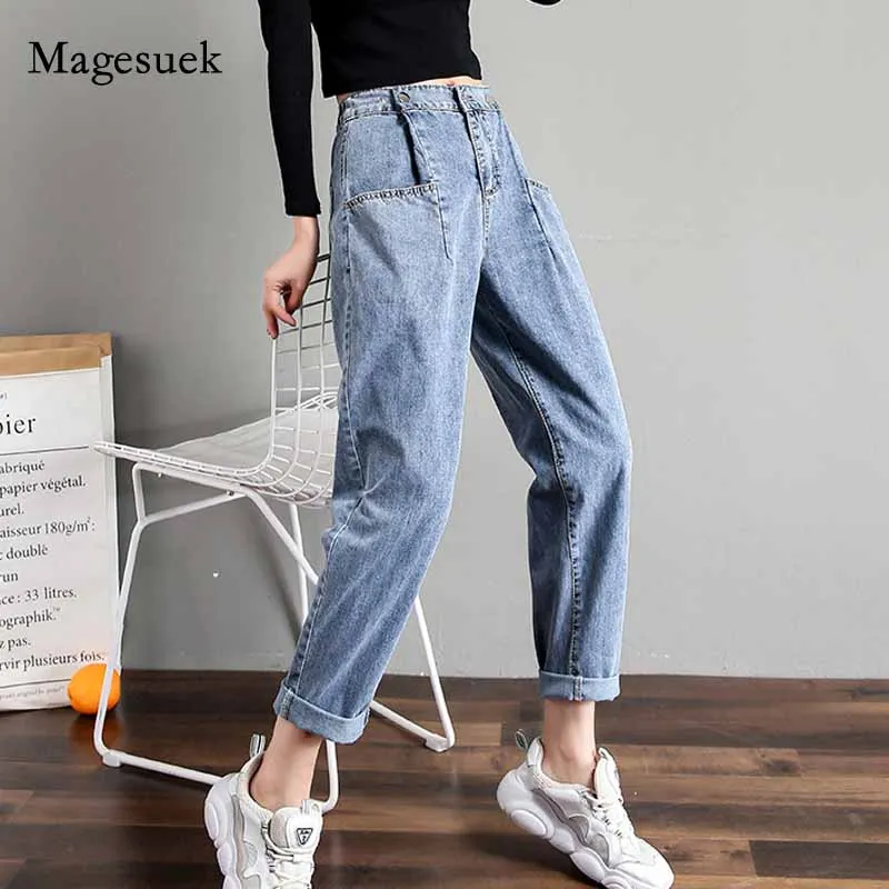 2020 Autumn Office Lady with Multi-Pockets High Waist Jeans Fashion Women Jeans Loose Casual Cotton Harem Denim Trousers  10730