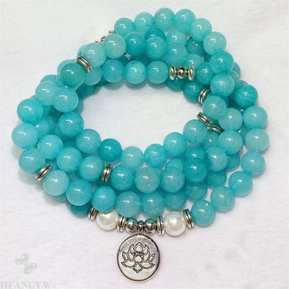 8mm Aquamarine 108 Bead White Pearl Lotus Pendant Mala Bracelet Meditation Yoga Mala Yoga Handcrafted Cuff Lucky Stress Chakra