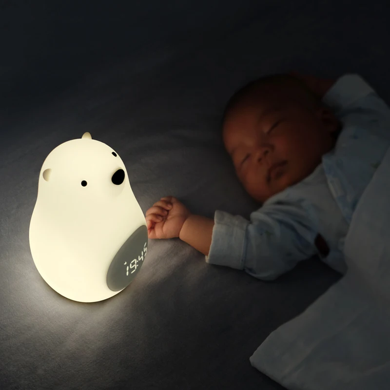 

Big white bear wake-up light bedroom atmosphere cartoon silicone voice control led clock alarm clock charging bedside light