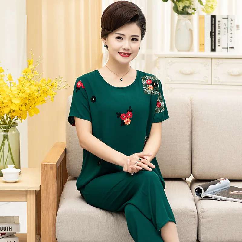 New Arrival Embroider Pajamas Set Middle-aged And Elderly Women Summer Cotton Nightwear Two-piece Suit Grandma Short Sleeve