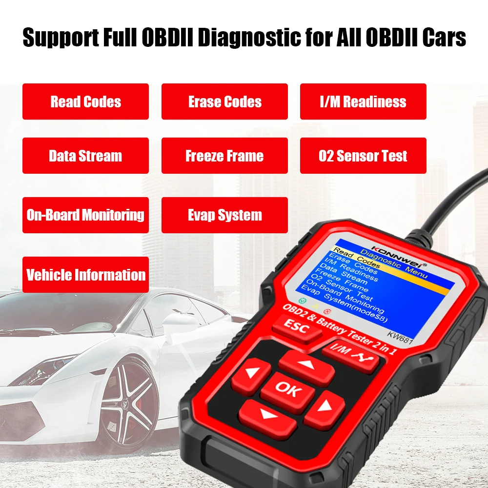 KONNWEI KW681 Tester batteria per 6V-12V obd 2 Auto moto strumento diagnostico automatico 2 in1 2000 CCA Scanner OBD2 per Auto