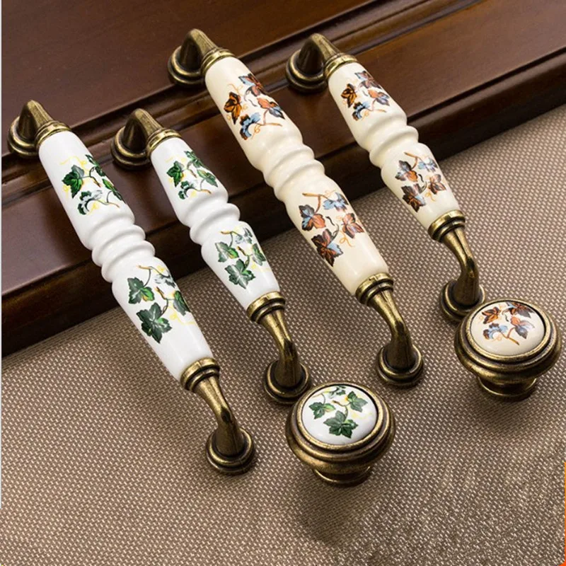 

1PCS Vintage Rural Ceramic Drawer Cupboard Door Handles Green/Red Leaves Cabinet Pulls Dresser Kitchen Pull Knobs For Furniture