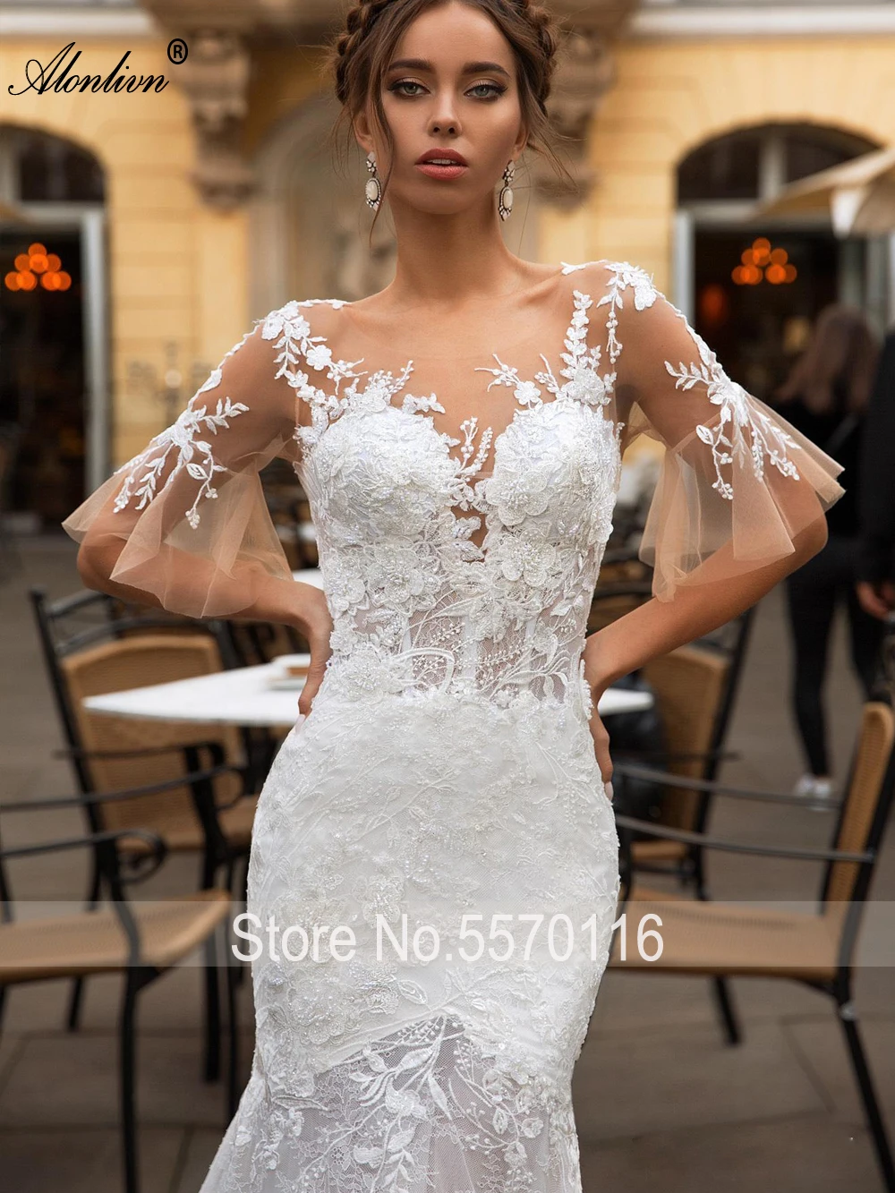 Alonlivn mangas bufantes com decote em V exclusivo bordado apliques de renda miçangas pérolas vestidos de casamento sereia