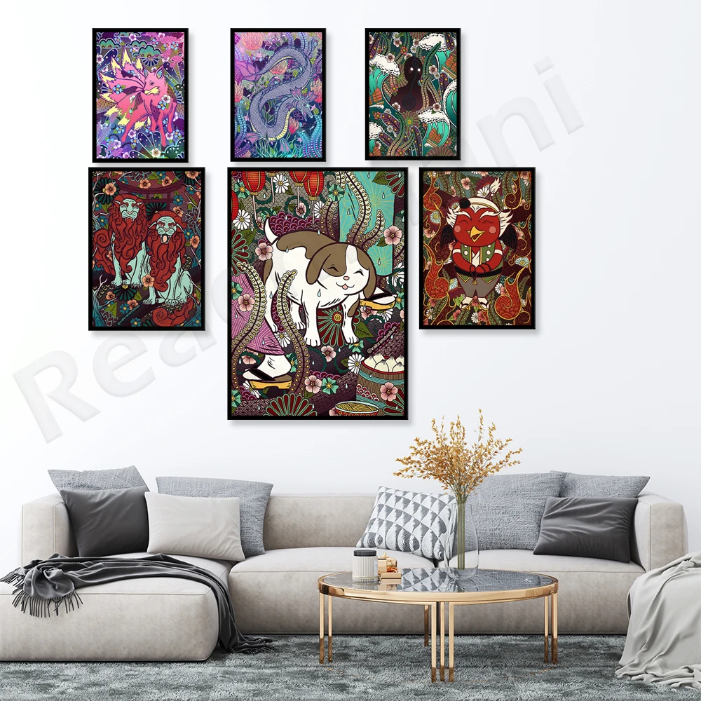 Nekomata Cat Japanese Monster Art Animal Print Dragon Tengu Tortoise Bird Civet Stone Lion Dog Koma-Inu Japanese Monster Traditi