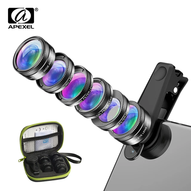 Kit de Lentes para Câmera de Telefone APEXEL Universal 6 em 1, Lente Olho de Peixe, Lente Grande Angular, Lente Macro, Filtro CPL/StarND32 para Quase Todos os Smartphones