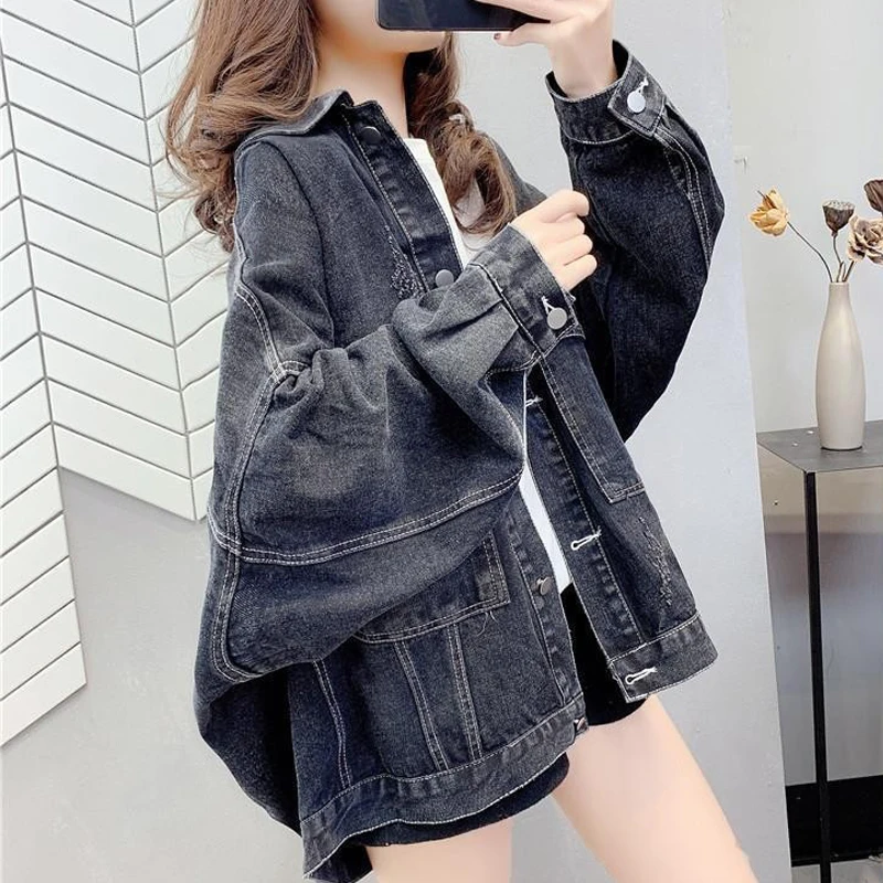 

Woman Jacket Spring Autumn Black Blue Women's Denim Jacket Women Coat Bat Sleeve Denim Jacket Loose Square Neck Student Jackets