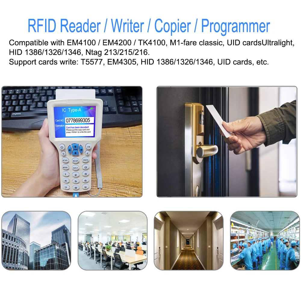 Leitor RFID Escritor Duplicador, 10 Frequência, NFC Smart Card Programador, 125KHz, 13.56MHz, Decodificador Criptografado, Cartões Chave Graváveis,