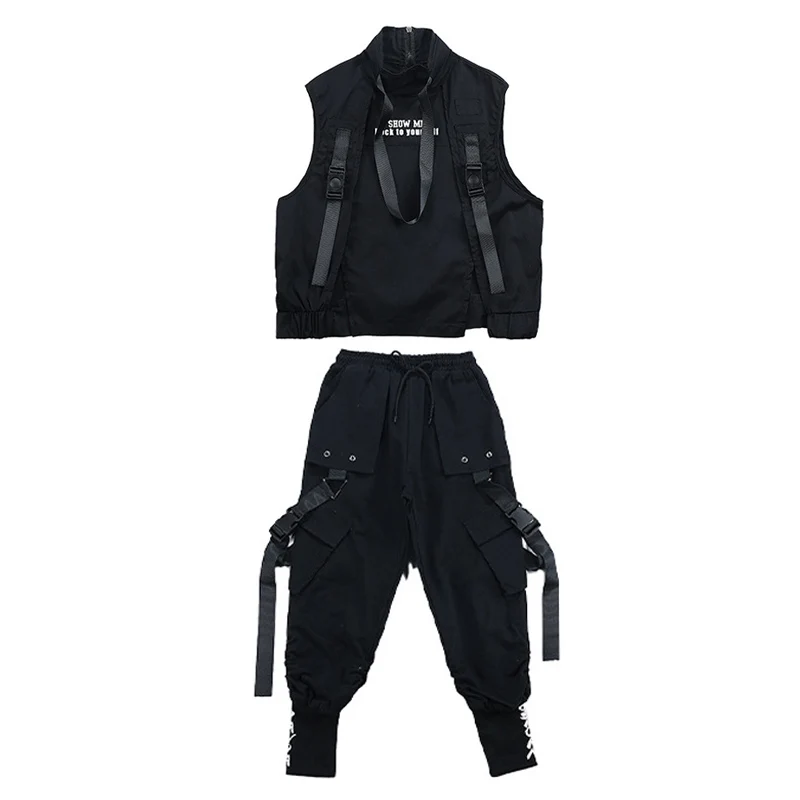 Kid Cool Hip Hop Clothing Sleeveless Jacket Vest Top Streetwear Tactical Cargo Jogger Pants for Girls Boys Dance Costume Clothes