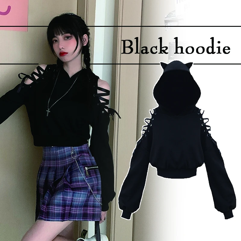 Kawaii Gothic Punk Cat Hoodie Black Sweatshirt Harajuku Lace Up  Cat Ear Long Sleeve Sweatshirt Hooded Pullover