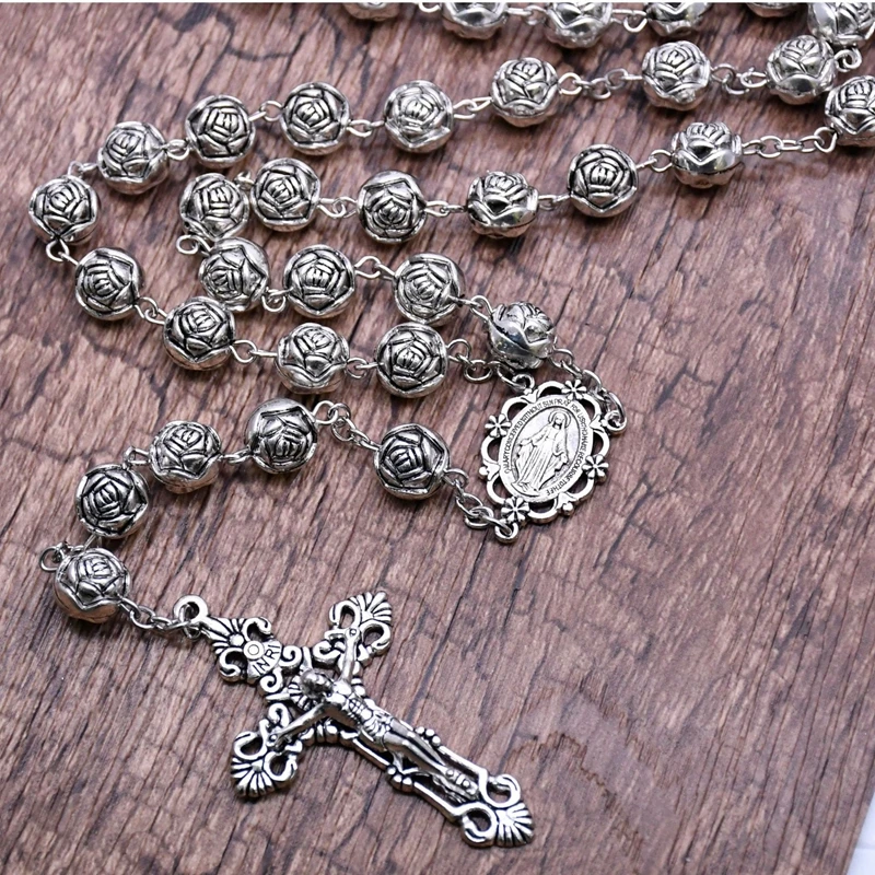 QIGO 10mm Vintage Cross Pendant Plastic Rose Rosary Necklace Catholic Prayer Jewelry Gifts