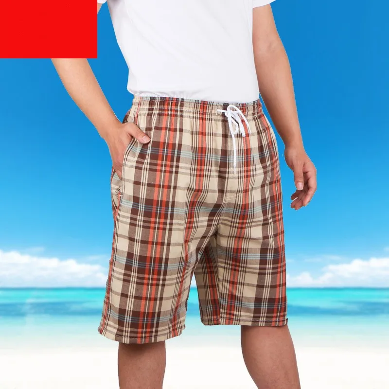 2024 Summer Men 100% Cotton Home Sleep Bottoms Male Beach Shorts Board Shorts Casual Plaid Pajama Half Pants Swimming Shorts