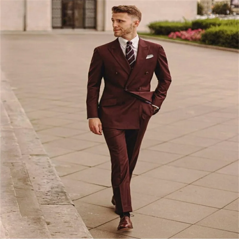 

Dark Red 2 Pieces Men Suits Double Breasted Tuxedos Lapel Custom Made Cotton Formal Party Suits Fit Slim Coat+Pant High Quality