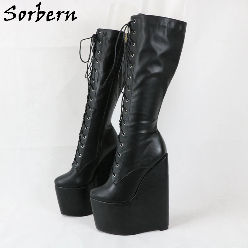 Sorbern Matte Black Knee High Boots For Women Wedges High Heels Platform Ladies Shoes Big Size 15 DIY Boots Women Customized