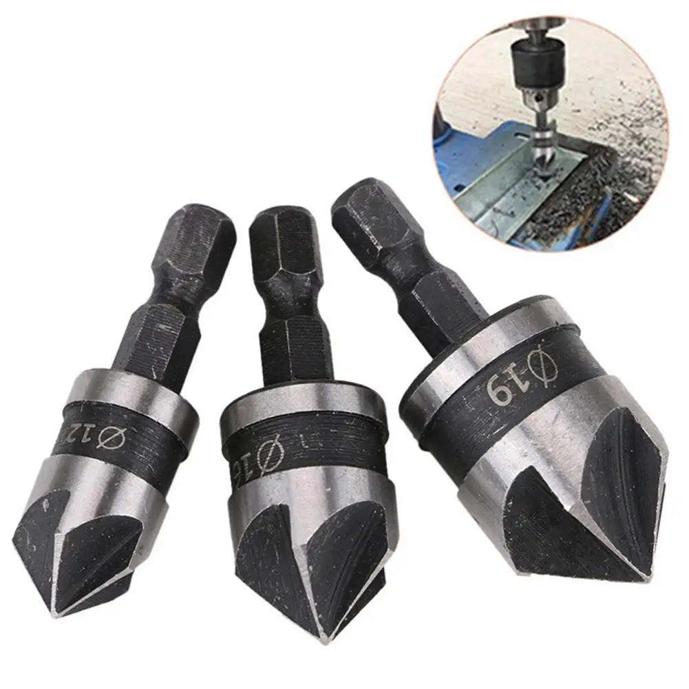 3Pcs Carbon Steel 90 Degree 1/4 Hexagonal Shank Chamfer Wood Work Hole Drill Bit