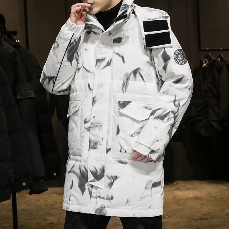 2021 men's new down jacket tide long loose thickening warm hooded explosive teenage men's high quality camouflag warm brand coat