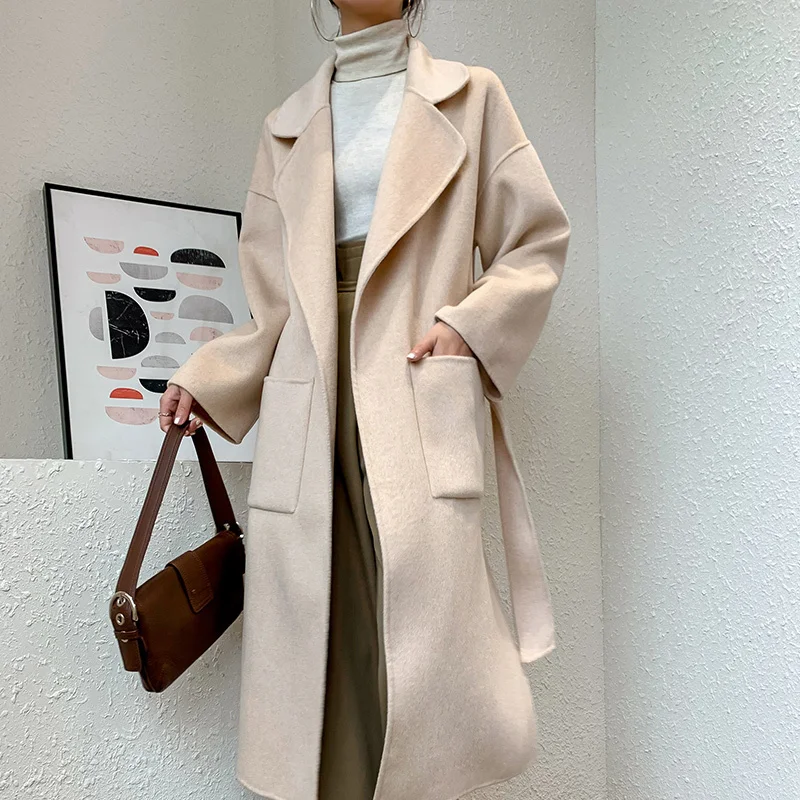 2024 Herbst Winter lose lange doppelseitige Kaschmir Woll jacke Frauen elegante Büro Dame Oberbekleidung große Tasche Woll mantel weiblich