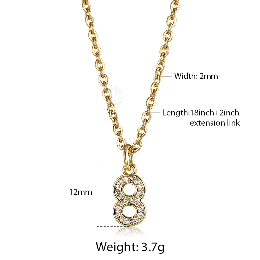 Tiny Cute Gold Color 0-9 CZ Number Pendant Necklace for Women Birthday Lucky Number Charm Rolo Link Chain 2mm Wholesale LKN652