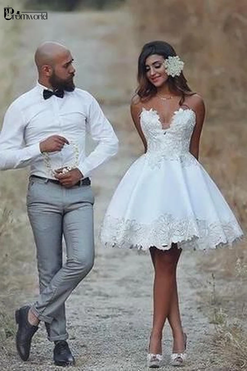 Robe de mariee beyaz dantel aplikler kısa düğün elbisesi sevgiliye Backless A-Line gelinlikler Dubai suudi arabistan gelinlik