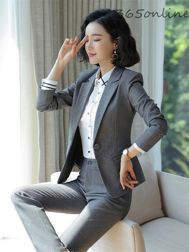 Formal Uniform Designs Pantsuits for Women Business Work Wear Suits Autumn Winter Professional Ladies Office Blazers Sets Gray