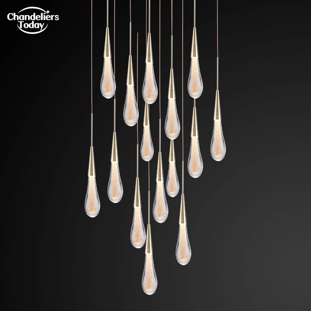 Modern LED Pendant Light Singal Glass Water Drop Pendant Hanging Light Living Dining Room Gold Powder Crystal Drop Hanging Lamp