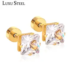 LUXUSTEEL 3mm to 7mm Geometry Square Clear CZ Cubic Zirconia Earrings With Small Stainless Steel Golden Screw Stud Earrings