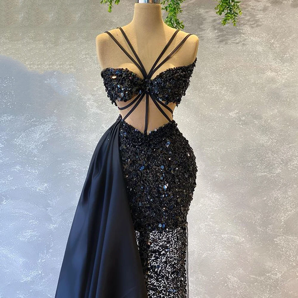 Abiti da sera con paillettes Sweetheart 2023 Sexy Sparkle Mermaid Prom Gowns Illusion Black Floor-Length Party Dress robes de soirée