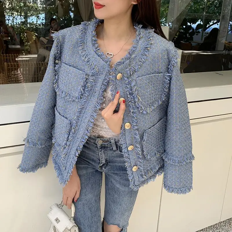 Chic Women\'s Winter Tweed Fringe Beaded Jacket High Quality Female Blue Woolen Coat