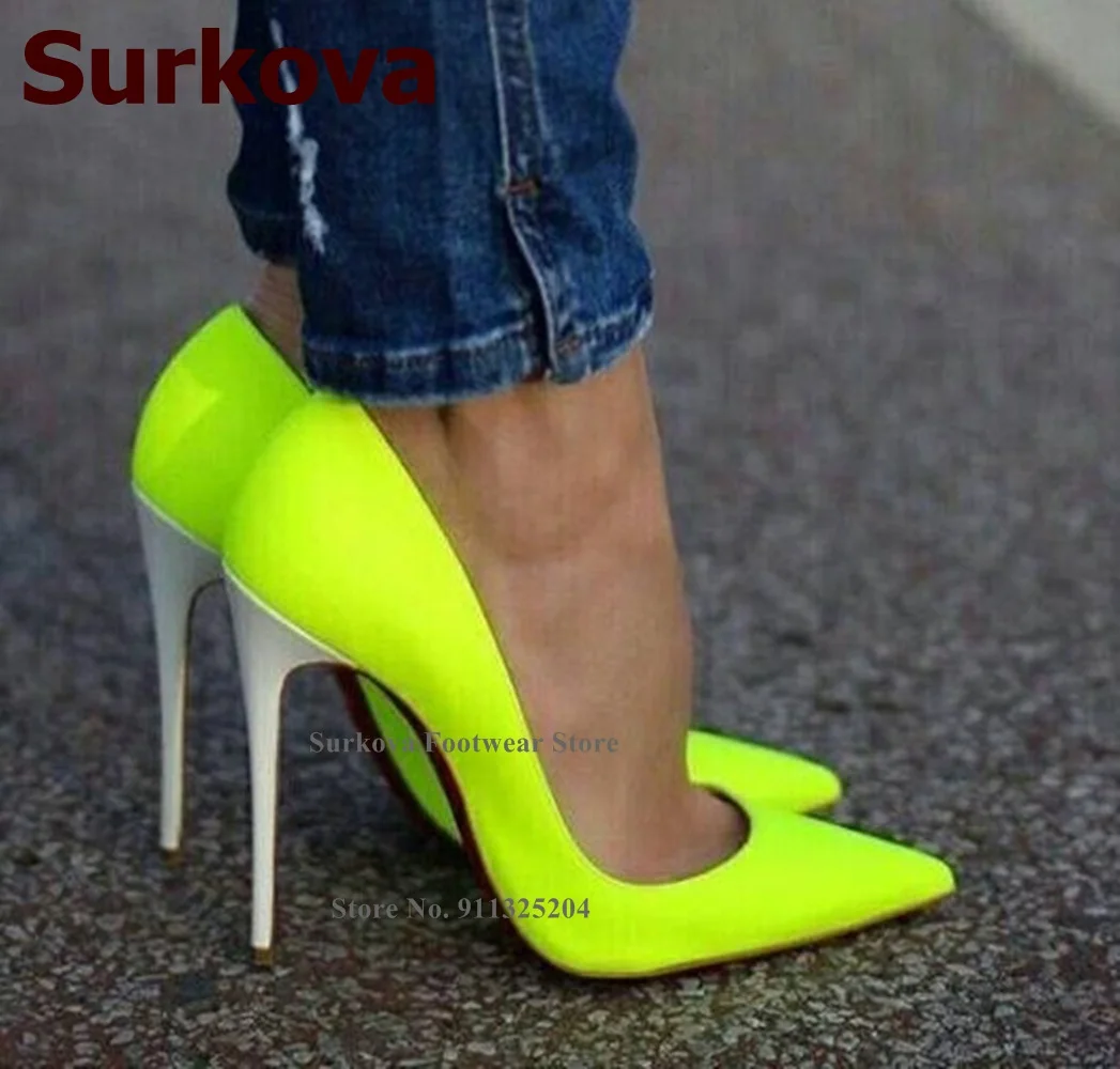 Surkova Neon Yellow 12cm High Heel Pumps White Stiletto Heels Shallow Wedding Shoes Pink Denim Gorgeous Banquet Footwear Size45