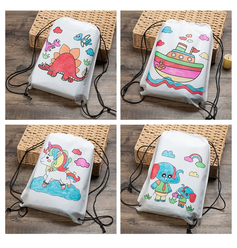 1 Set DIY Hand-Painted Coloring Graffiti Painted Cartoon Non-Woven Bag for Children Handmade Gift Bag Toy with Tool