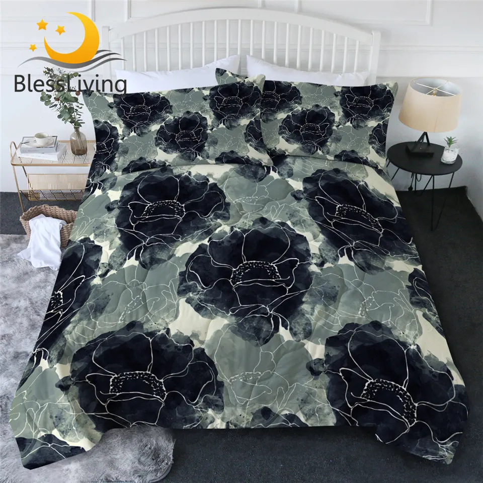 

BlessLiving Flower Quilt Set Floral Summer Comforter Watercolor Black Air-conditioning Duvet 3 Pieces Elegant King Colcha Verano