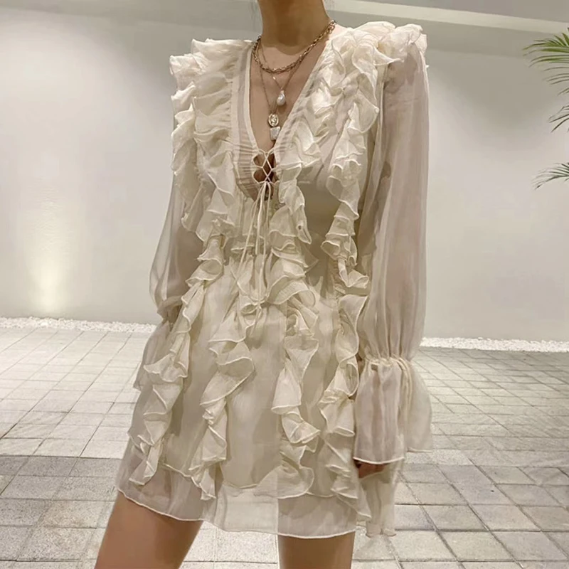 Patchwork Ruffles Dress For Women V Neck Bandage Bow Flare Long Sleeve High Waist Sexy Dresses Female 2020 Summer New P815