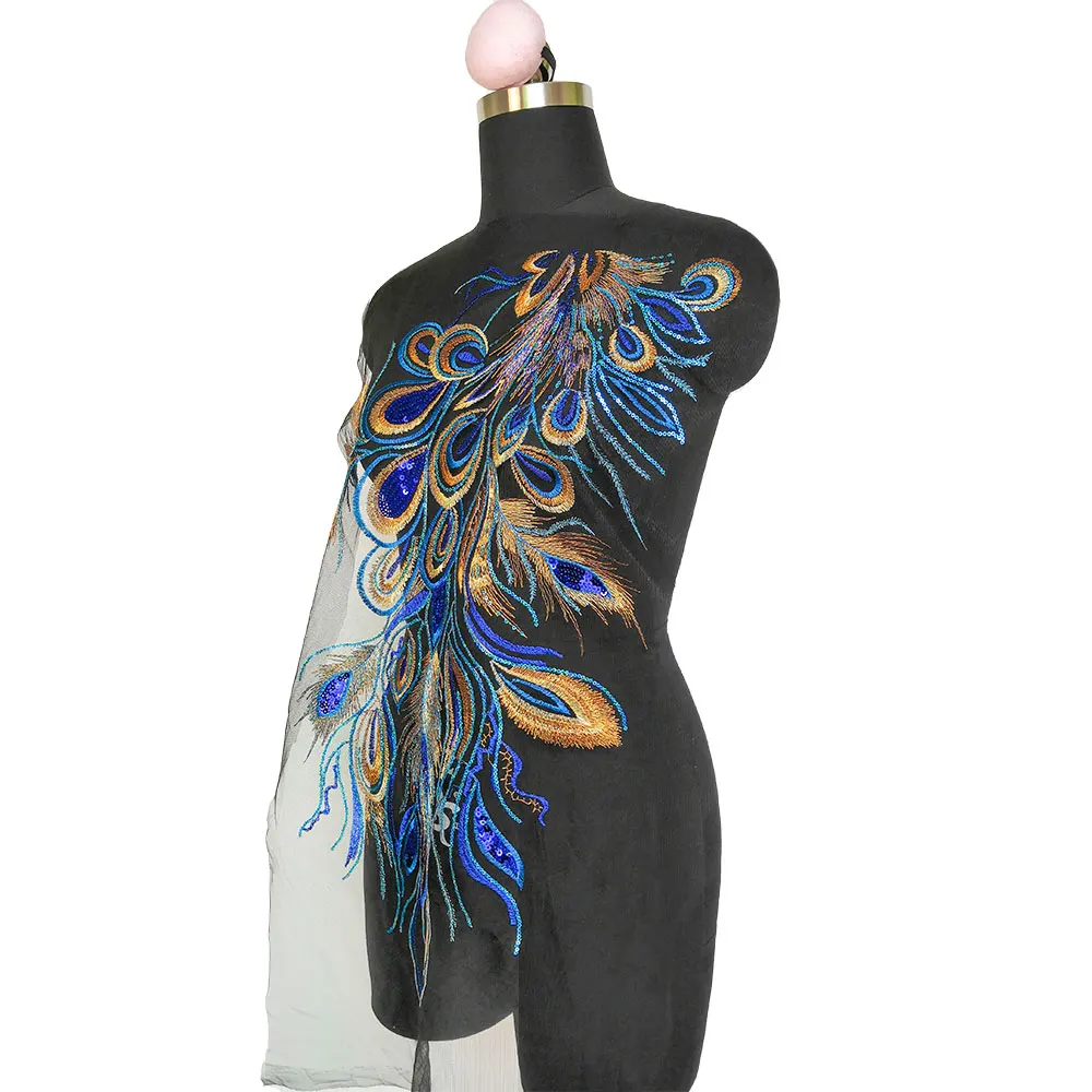 Gold Blue Red Sequin Patches for Women Clothes Peacock Phoenix Embroidery Applique Lace Dress Sewing Stripe Gown