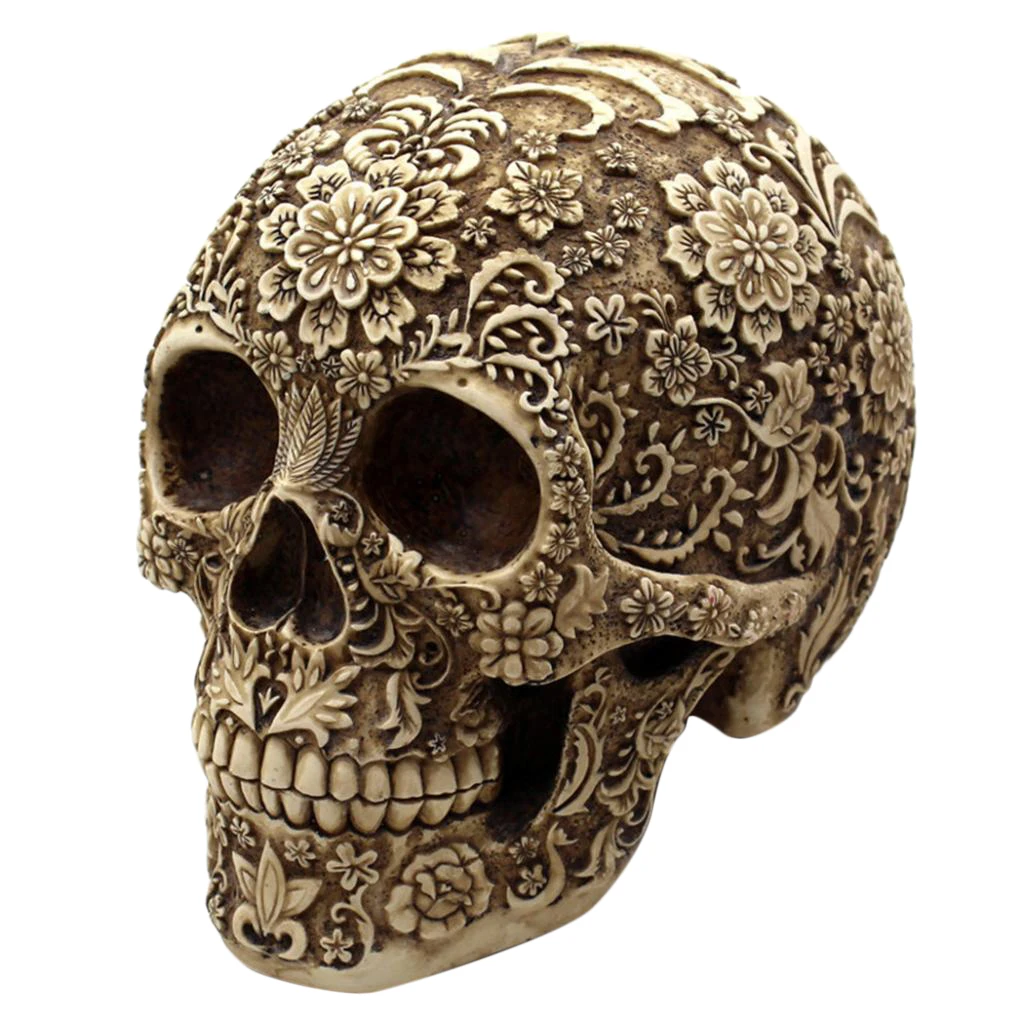 Day   of   the   Dead   Vintage   Resin   Skull   Statue   Carved   Figurine   Halloween   Decor