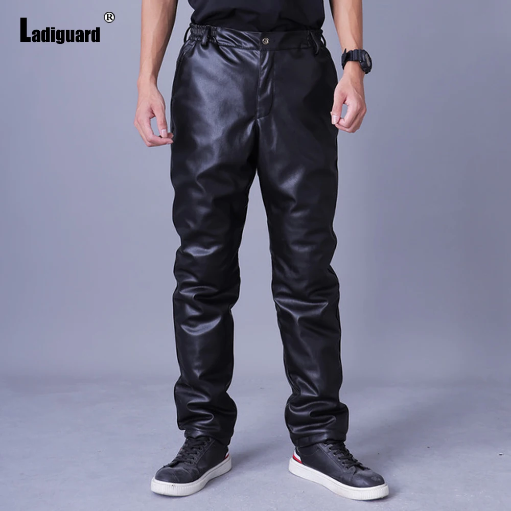 Ladiguard Plus Size Men Faux Pu Leather Pants Skinny Bottom Male Fashion Zipper Pocket Pants Winter Warm Trouser Mens Streetwear