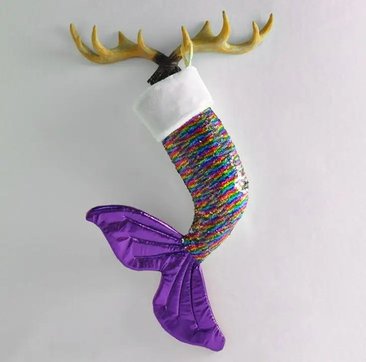 

Mermaid Sequined Christmas Stocking Fishtail Santa Claus Candy Gift Bag Holders Xmas Sock Party Home Decorative Present