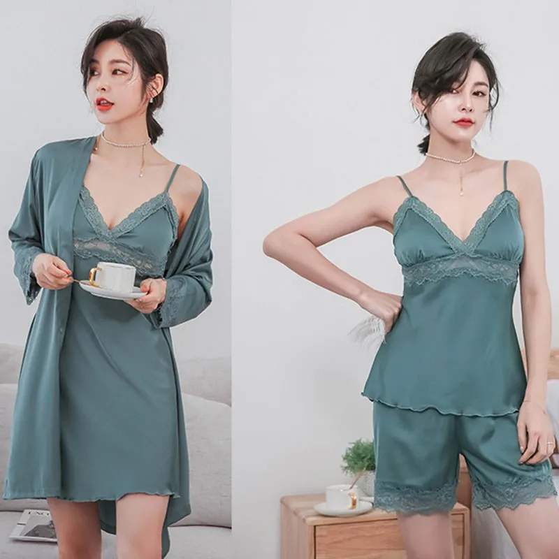 

Sleep Set Nightgown Women 4PCS Kimono Gown Satin Nightwear Intimate Lingerie Sexy Home Clothing Satin Summer New Homewear