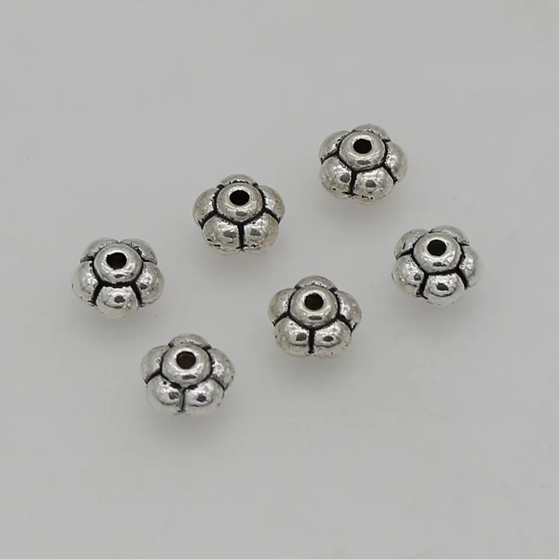 50pcs/Lot Small Stereo Flower Loose Beads 6mm Antique Silver Color Retro Decoration Spacers Bead Charms DIY Jewelry Accessories