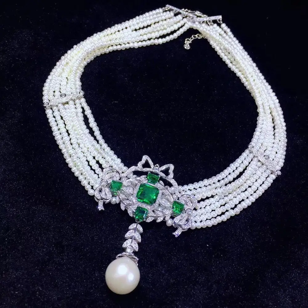 natural fresh water pearl necklace multi layers 925 sterling silver with cubic zircon green color fine women jewelry