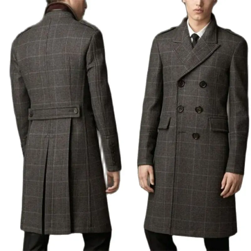 Wool Blend Coat Men Winter Over Jacket Double Breasted Checkered Business Long Overcoat Plus Size Warm Formal Business Tailored