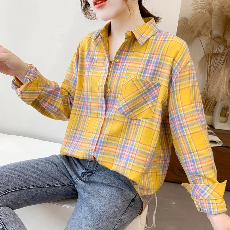 Elegant Design Style Plaid Shirt Women 2023 New Spring Autumn Casual Womens Blouses and Tops Ladies Loose Long Sleeve Blouse