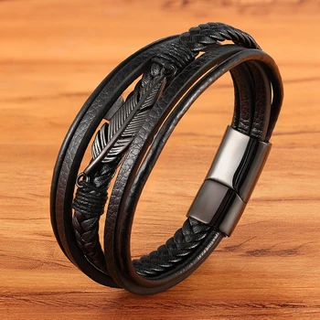 Xqni pulseira masculina de couro multicamadas em formato de pena, pulseira de couro de aço inoxidável para presente especial de aniversário