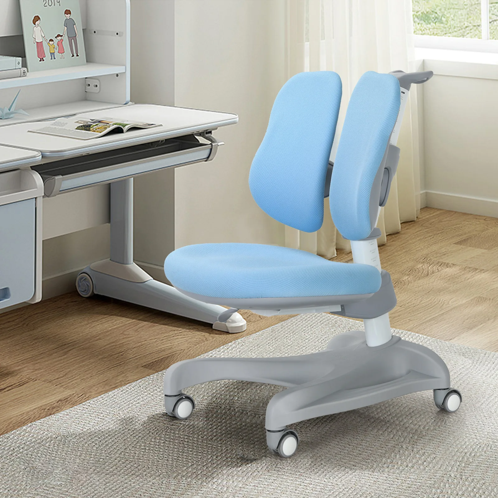 Honeyjoy-Chaise de bureau réglable pour enfants, profondeur recommandée avec roulettes assis, bleu