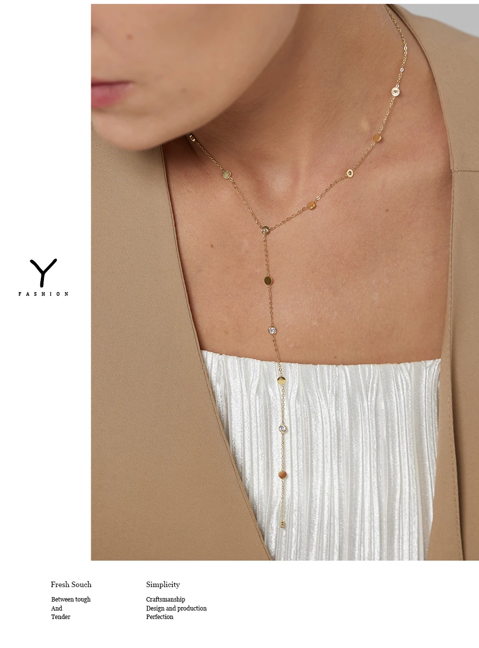 Yhpup Halskette mit langem Anhänger aus Edelstahlperlen, minimalistisch, 18K PVD-beschichtet, Metallkragen, Modeschmuck, Bangkok Parti-Geschenk – Detail 3