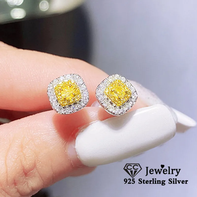 CC Square Stud Earrings For Women Yellow Cubic Zirconia Brincos Wedding Engagement Party Fine Jewelry CCE684