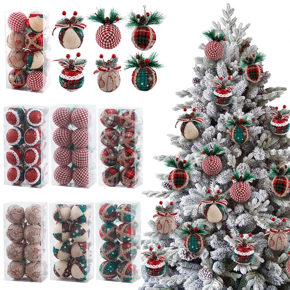 

8Pcs Red Green Plaid Pattern Christmas Balls With Pine Cone Woolen Decor Hanging Balls Rustic Christmas Tree Decorations Pendant