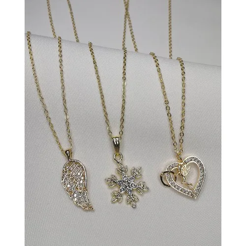 3'lü Gold Color Necklace Set. Snowflake Symbol-Stylish Necklace Zircon Elegant Wing Necklace Heart Symbol-The Angels Gemstone necklace